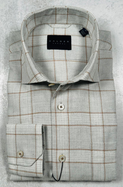 Calder Carmel Melange Herringbone Brushed Twill Windowpane Sport Shirt in Fog