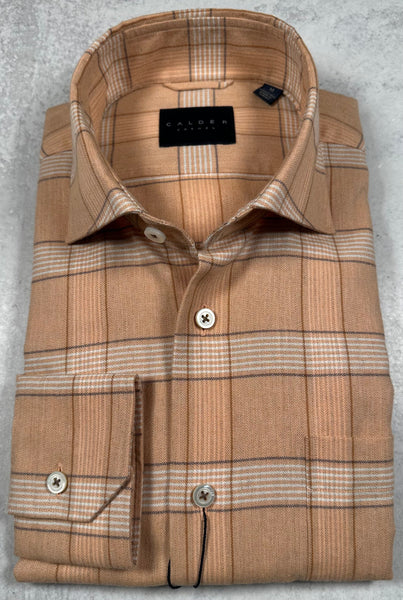 Calder Carmel Melange Herringbone Brushed Twill Windowpane Sport Shirt in Salmon