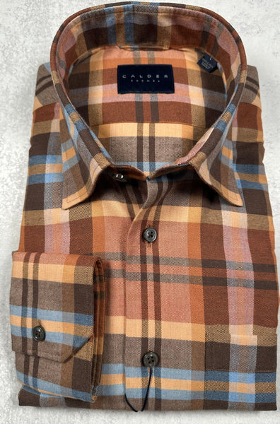 Calder Carmel Melange Brushed Twill Exploded Blanket Plaid Sport Shirt in Ember