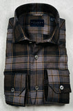 Calder Carmel Melange Boucle Twisted Brushed Overcheck Plaid Sport Shirt in Chocolate