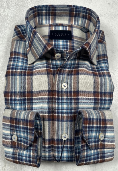 Calder Carmel Ultimate Luxe Double Twisted Plaid Flannel Sport Shirt in Cocoa