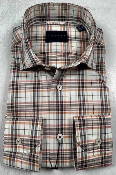 Calder Carmel Luxury 120's 2Ply Twill Plaid Windowpane Sport Shirt in Ember