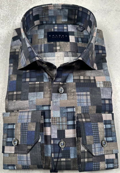 Calder Carmel Luxury Italian Printed Patchwork On Poplin Sport Shirt in Slate