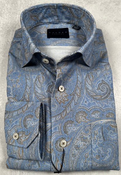 Calder Carmel Luxury Italian Printed Baby Cord Paisley Sport Shirt in Pacific