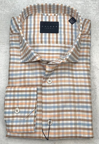 Calder Carmel Luxury Melange Twill Check Sport Shirt in Papaya