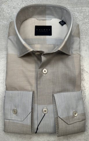 Calder Carmel Luxury Melange Poplin Check Sport Shirt in Sand