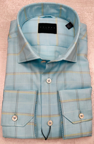 Calder Carmel Luxury Melange Twill Check Sport Shirt in Turquoise