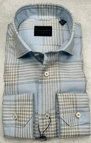 Calder Carmel Luxury Melange Twill Check Sport Shirt in Sky Blue