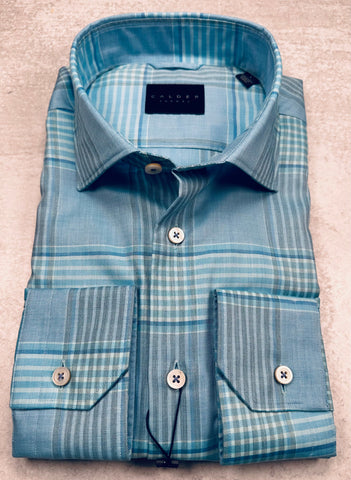 Calder Carmel Luxury Melange Twill Check Sport Shirt in Turquoise