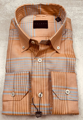 Calder Carmel Luxury Melange Twill Check Sport Shirt in Papaya