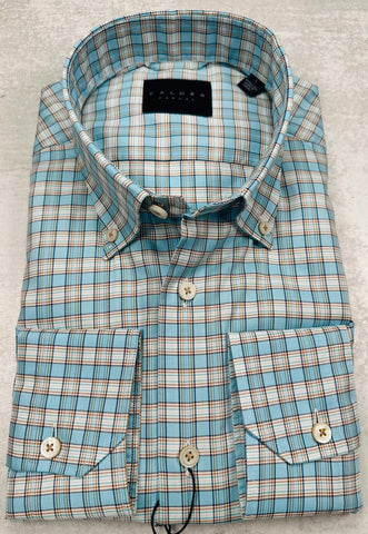 Calder Carmel Luxury Panama Oxford Check Sport Shirt in Turquoise