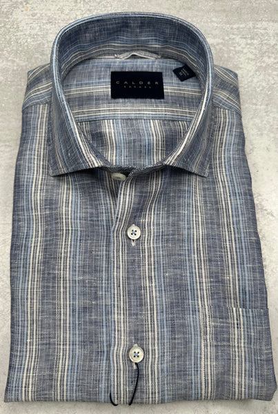 Calder Carmel Luxury Linen Multi Color Poplin Stripe Sport Shirt in Pacific