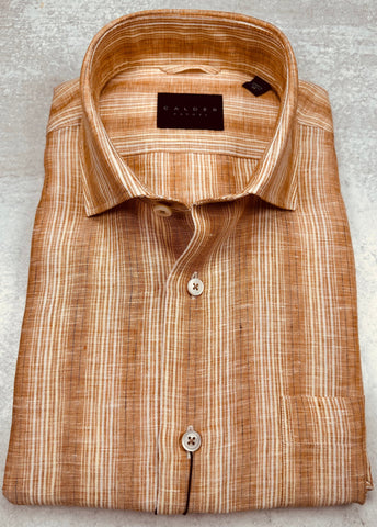 Calder Carmel Luxury Linen Multi Color Poplin Stripe Sport Shirt in Amber