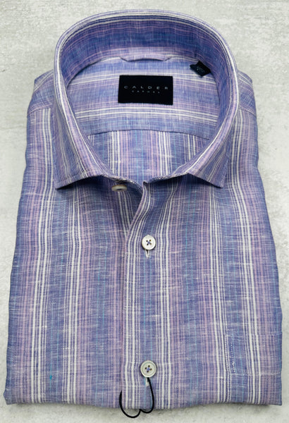 Calder Carmel Luxury Linen Multi Color Poplin Stripe Sport Shirt in Lavender