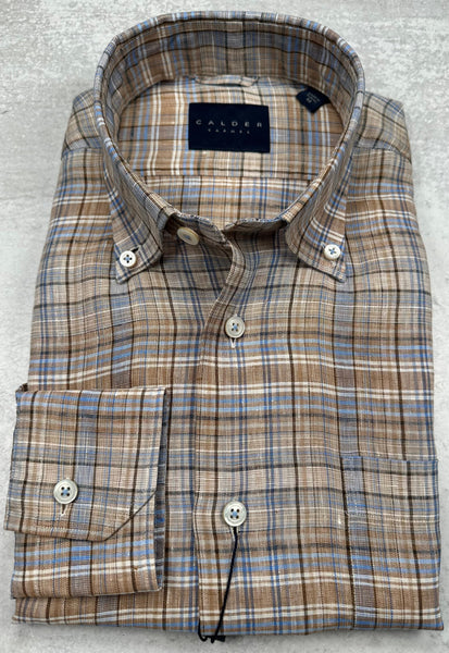 Calder Carmel Luxury Linen Madras Plaid Sport Shirt in Sand