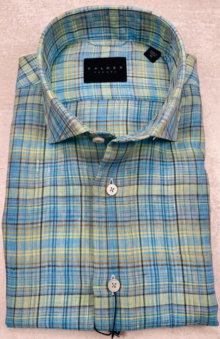 Calder Carmel Luxury Linen Madras Plaid Sport Shirt in Turquoise