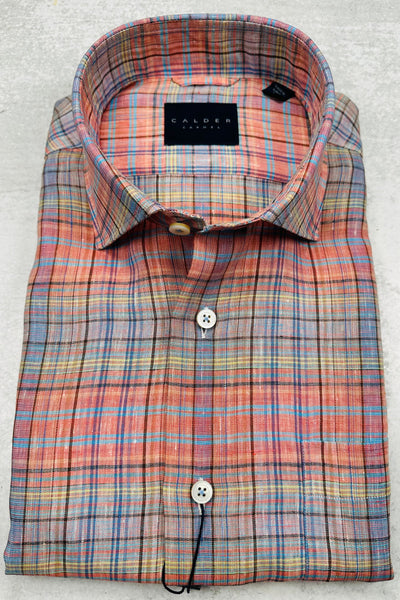 Calder Carmel Luxury Linen Madras Plaid Sport Shirt in Papaya