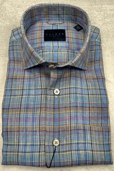 Calder Carmel Luxury Linen Madras Plaid Sport Shirt in Lavender