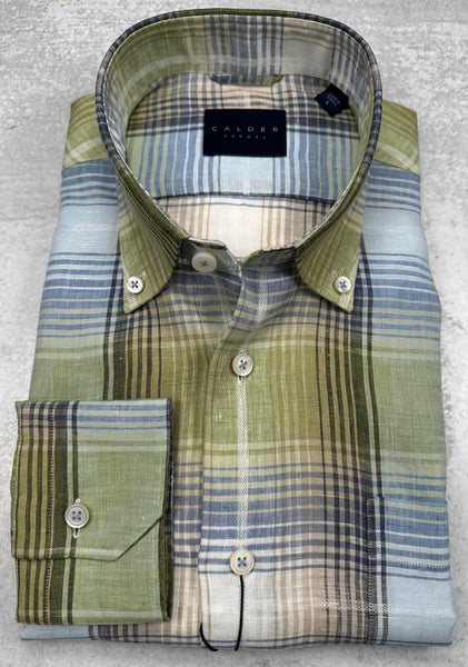 Calder Carmel Luxury Linen Plaid With Satin Sport Shirt in Olive