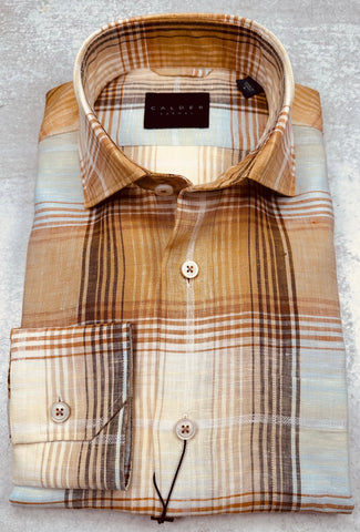 Calder Carmel Luxury Linen Plaid With Satin Sport Shirt in Amber