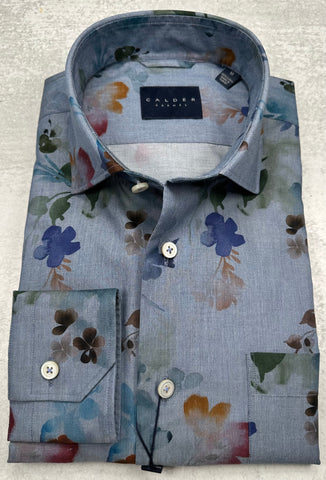 Calder Carmel Luxury Italian Printed Yarn Dyed Twill Sport Shirt in Denim