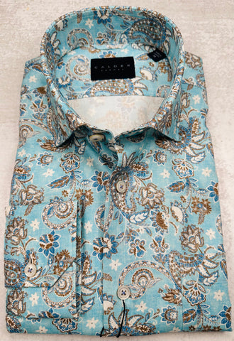 Calder Carmel Luxury Italian Printed Panama Sport Shirt in Turquoise