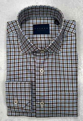 Calder Carmel Ultimate Luxe Twill Check Sports Shirt in Chocolate