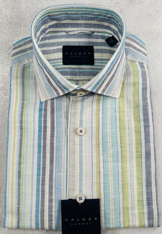Calder Carmel Plain Weave Stripe Sport Shirt in Multi Denim