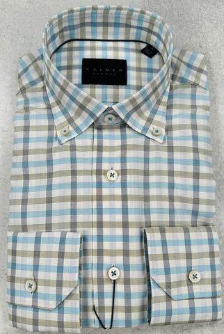 Calder Carmel Luxe Fine Twill Check Sport Shirt in Turquoise