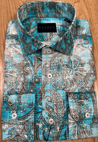 Calder Carmel Luxury Printed Italian Panama Sport Shirt in Turquoise